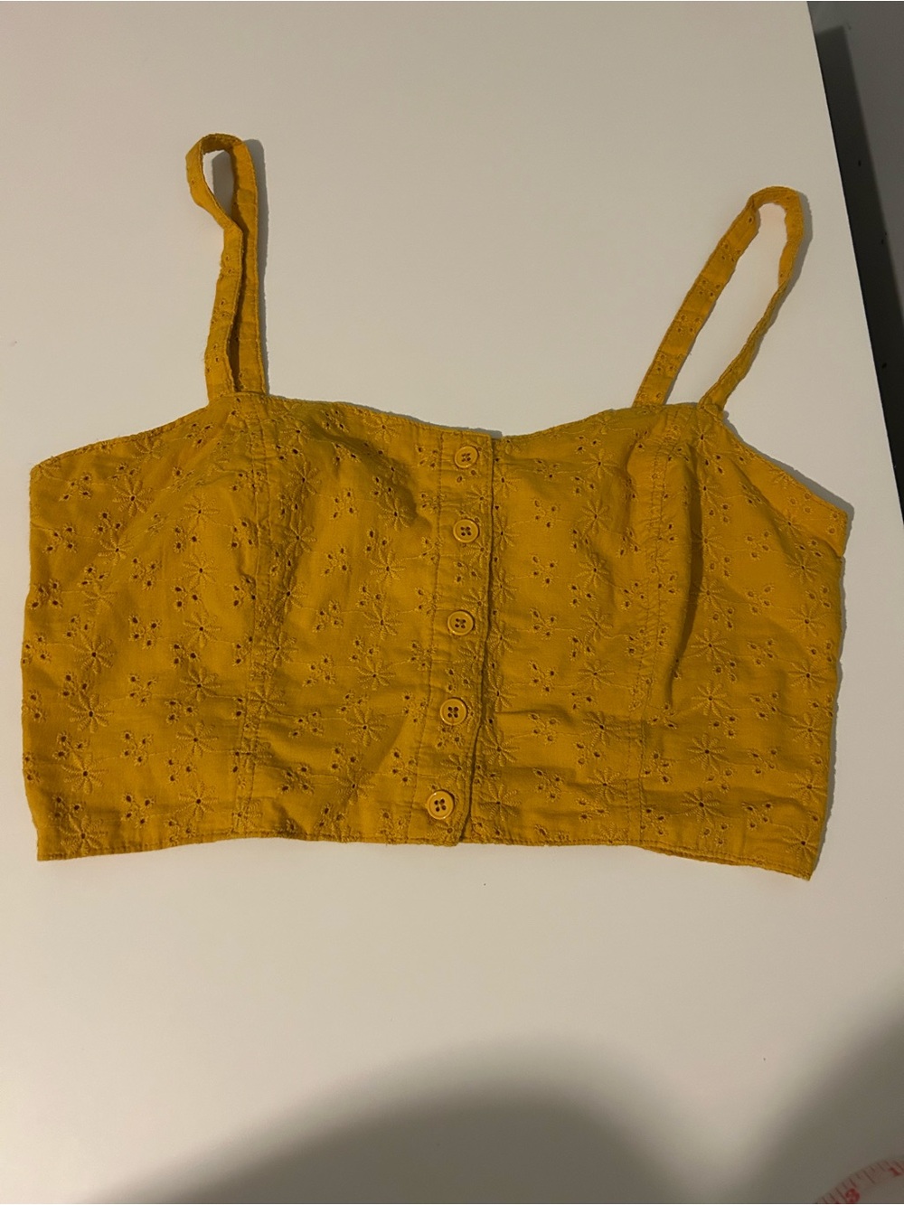 Garage Yellow Eyelet Button-Front Crop Top